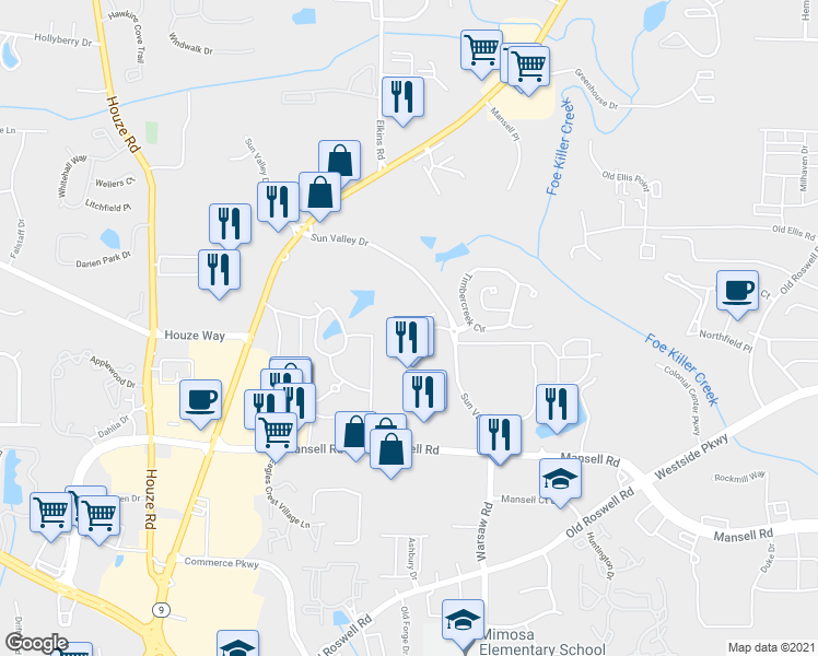 map of restaurants, bars, coffee shops, grocery stores, and more near 505 Warwick Place in Roswell