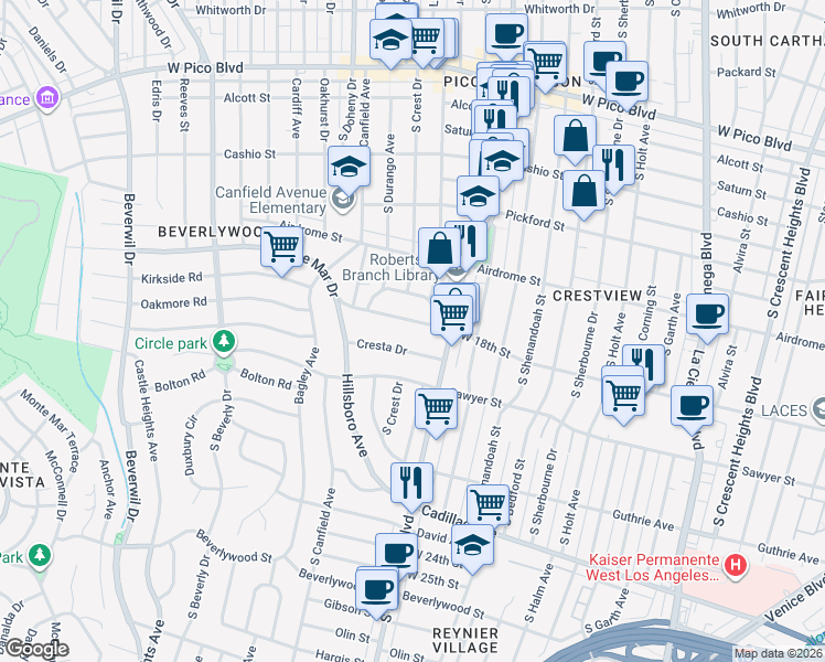 map of restaurants, bars, coffee shops, grocery stores, and more near 9038 Monte Mar Drive in Los Angeles