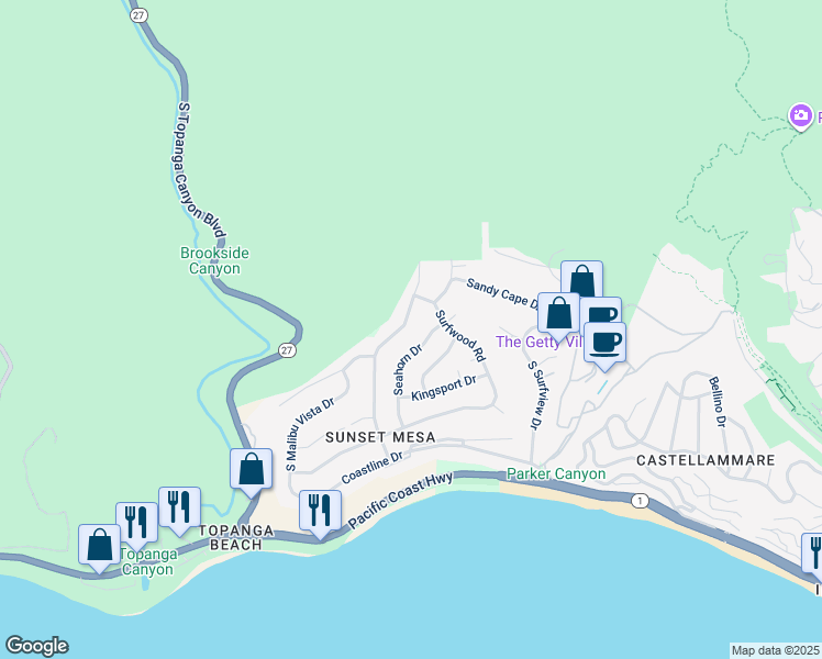 map of restaurants, bars, coffee shops, grocery stores, and more near 3534 Shoreheights Drive in Malibu