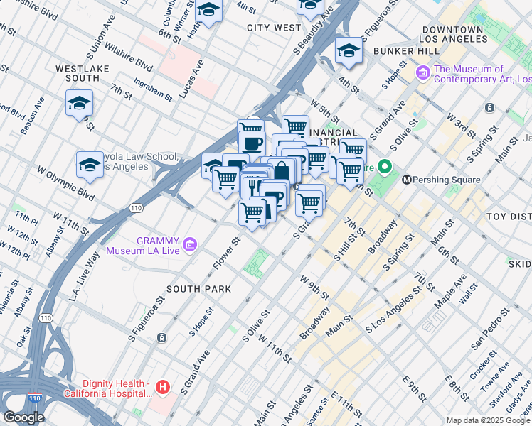 map of restaurants, bars, coffee shops, grocery stores, and more near 800 Flower Street in Los Angeles