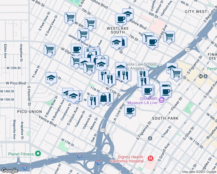 map of restaurants, bars, coffee shops, grocery stores, and more near 1025 Albany Street in Los Angeles