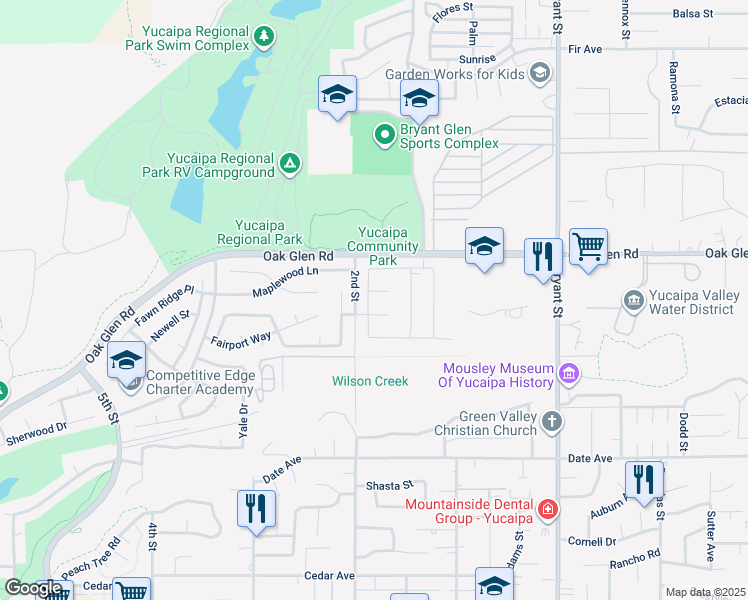 map of restaurants, bars, coffee shops, grocery stores, and more near 11401 West Serrano Square in Yucaipa