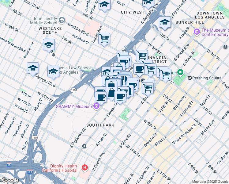 map of restaurants, bars, coffee shops, grocery stores, and more near 888 South Figueroa Street in Los Angeles