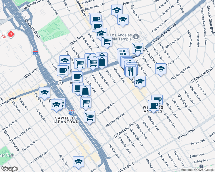 map of restaurants, bars, coffee shops, grocery stores, and more near 1870 Veteran Avenue in Los Angeles