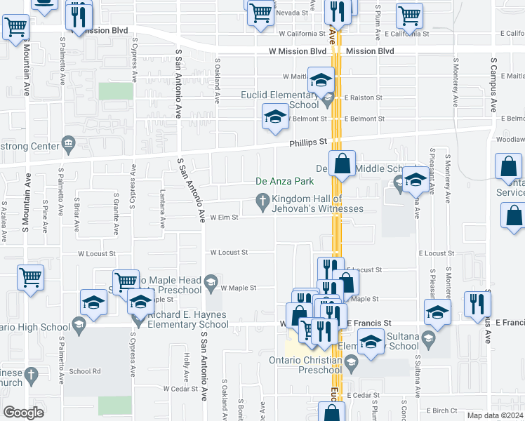 map of restaurants, bars, coffee shops, grocery stores, and more near 422 West Elm Street in Ontario
