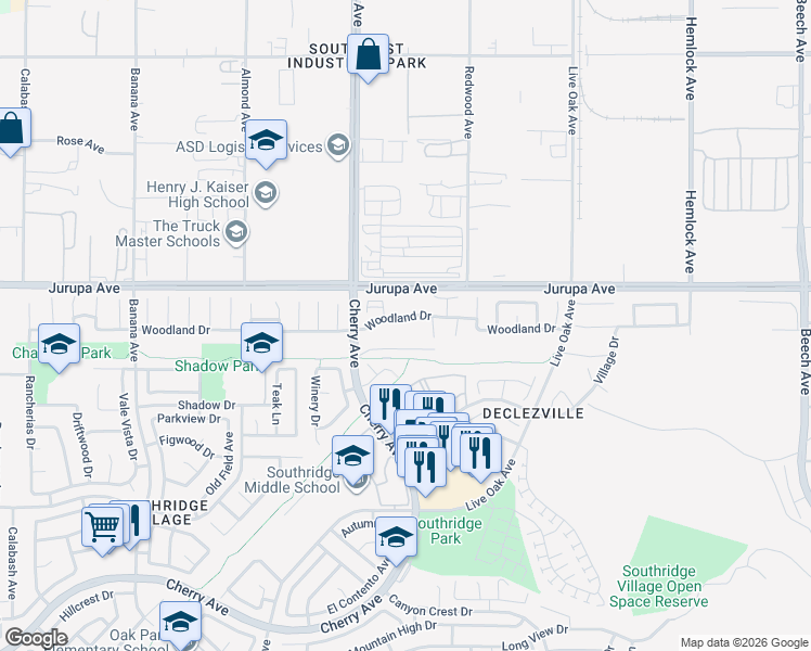 map of restaurants, bars, coffee shops, grocery stores, and more near 14605 Woodland Drive in Fontana