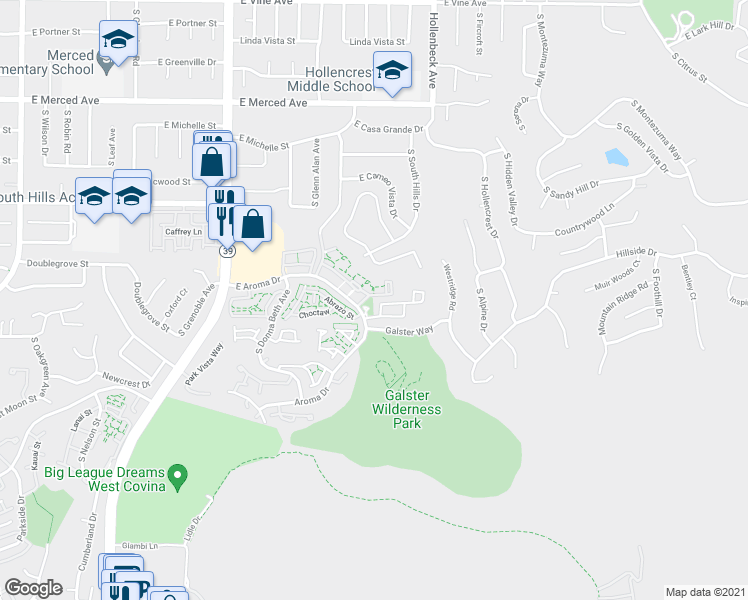 map of restaurants, bars, coffee shops, grocery stores, and more near 1519 Big Sur Lane in West Covina