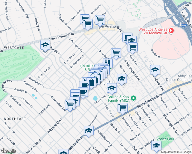 map of restaurants, bars, coffee shops, grocery stores, and more near 11938 Goshen Avenue in Los Angeles