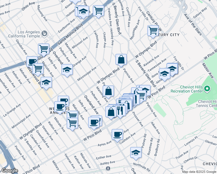 map of restaurants, bars, coffee shops, grocery stores, and more near 2236 Parnell Avenue in Los Angeles
