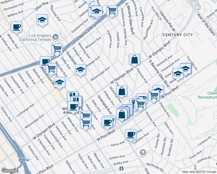 map of restaurants, bars, coffee shops, grocery stores, and more near 2201 Manning Avenue in Los Angeles