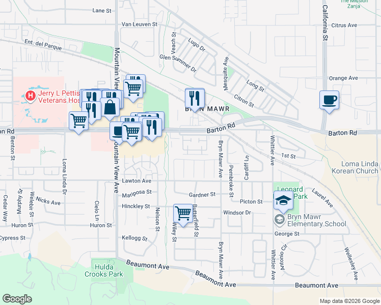 map of restaurants, bars, coffee shops, grocery stores, and more near 25991 Reed Way in Loma Linda