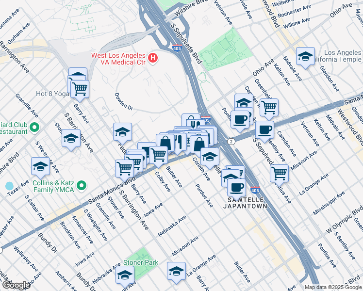 map of restaurants, bars, coffee shops, grocery stores, and more near 1527 Corinth Avenue in Los Angeles
