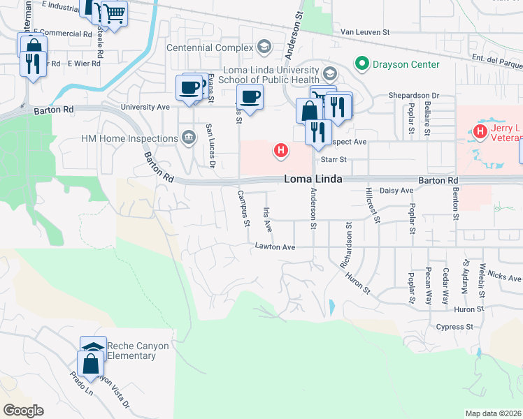 map of restaurants, bars, coffee shops, grocery stores, and more near 11375 Iris Avenue in Loma Linda
