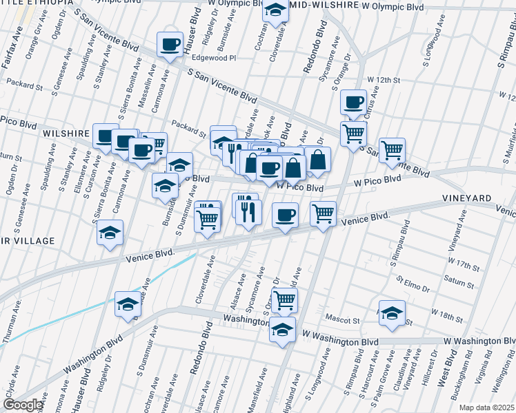 map of restaurants, bars, coffee shops, grocery stores, and more near 1435 South Redondo Boulevard in Los Angeles