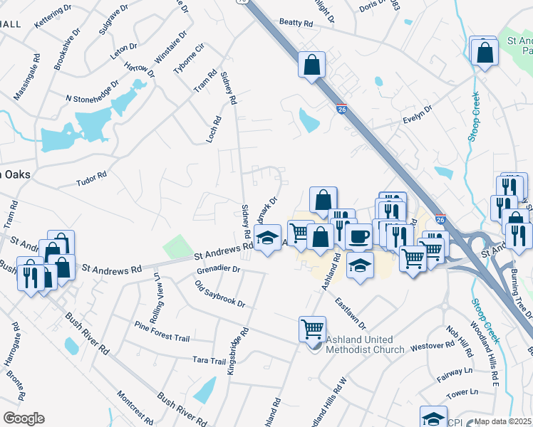 map of restaurants, bars, coffee shops, grocery stores, and more near 8 Landmark Drive in Columbia