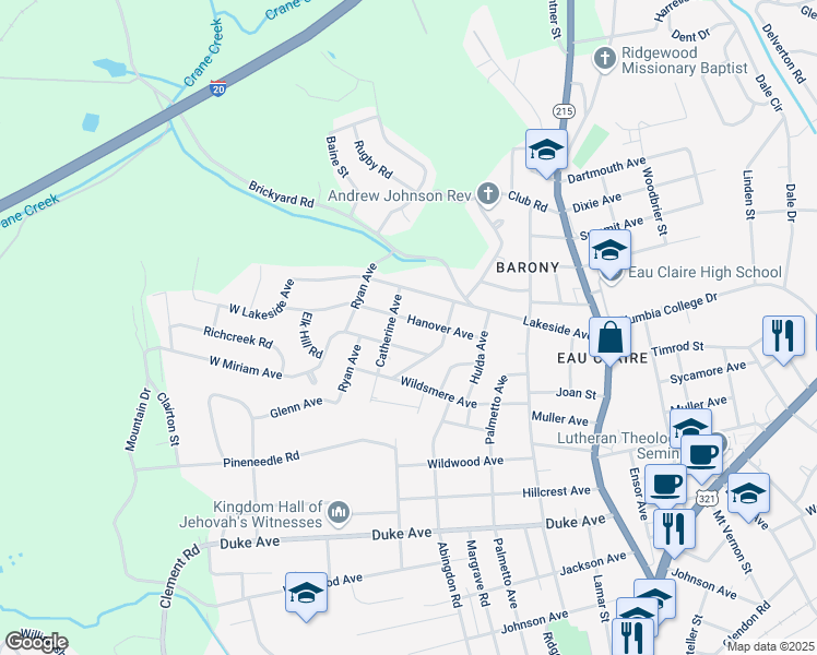 map of restaurants, bars, coffee shops, grocery stores, and more near 4516 Catherine Avenue in Columbia