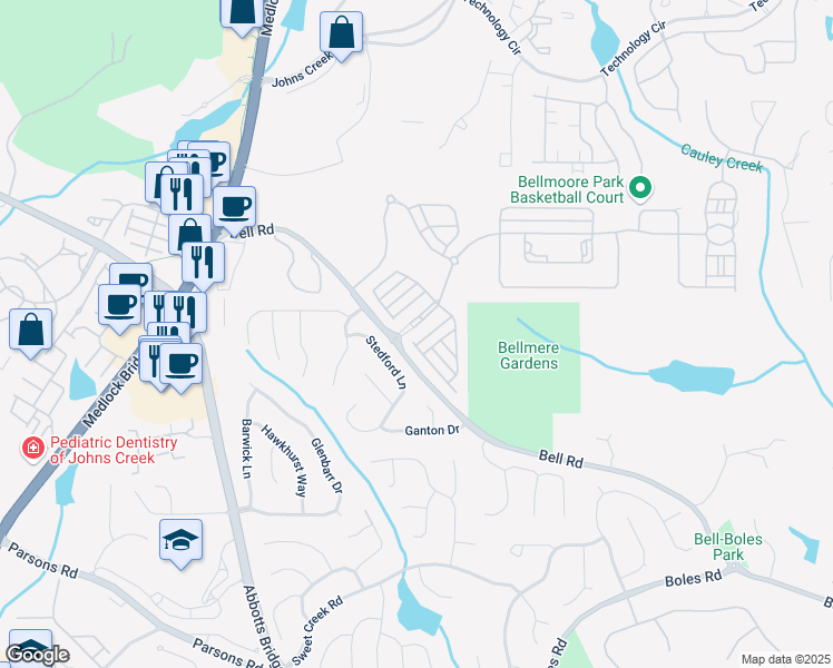 map of restaurants, bars, coffee shops, grocery stores, and more near 10880 Bell Road in Johns Creek
