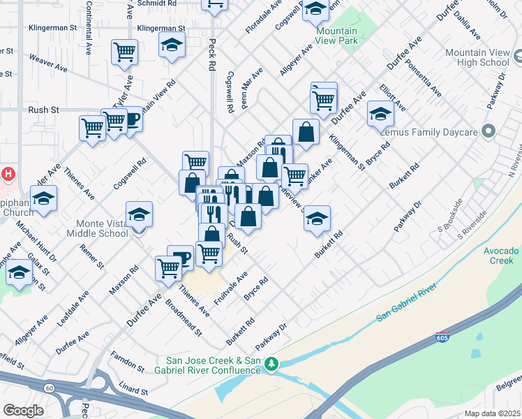 map of restaurants, bars, coffee shops, grocery stores, and more near 12121 Barringer Street in South El Monte