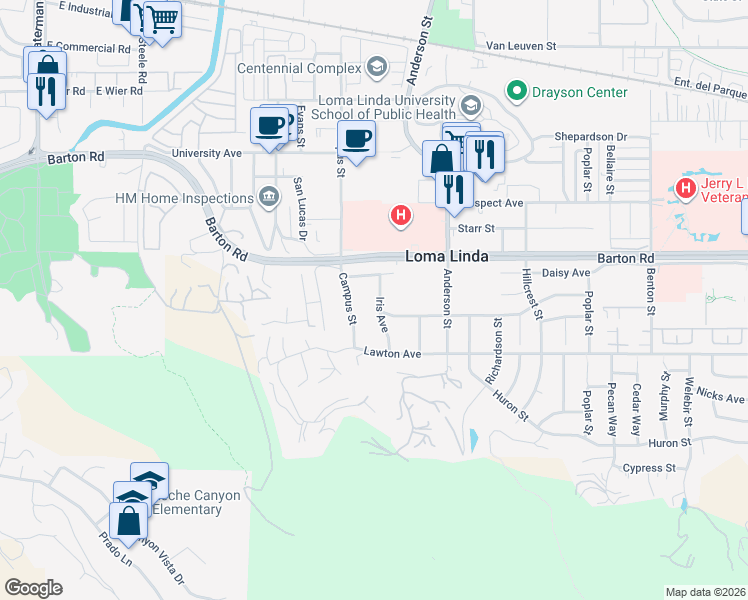 map of restaurants, bars, coffee shops, grocery stores, and more near 11375 Iris Avenue in Loma Linda