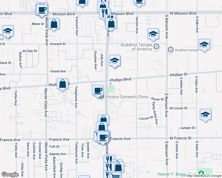 map of restaurants, bars, coffee shops, grocery stores, and more near 11385 Central Avenue in Chino