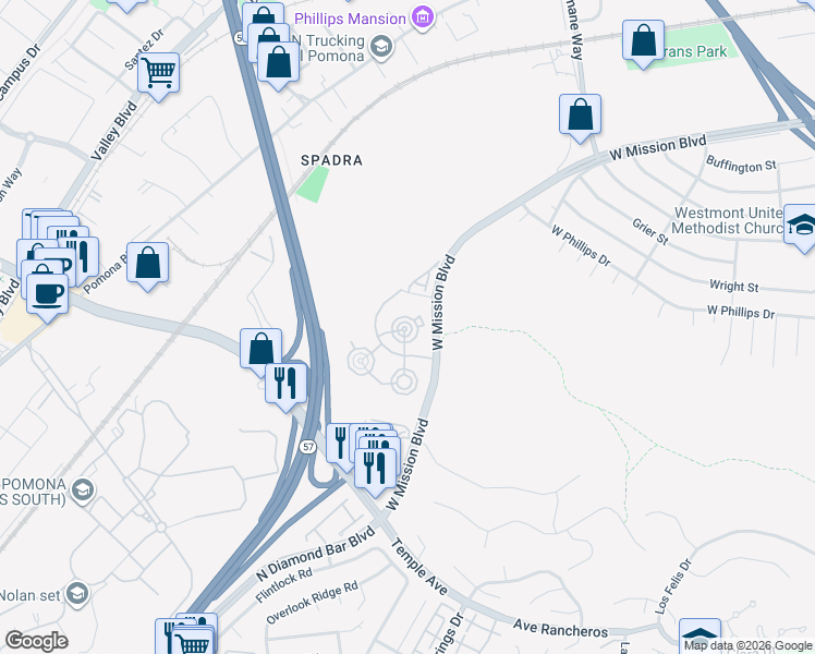 map of restaurants, bars, coffee shops, grocery stores, and more near 420 Portafino Court in Pomona