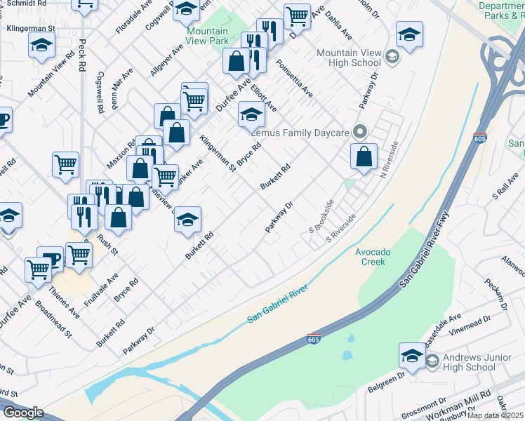 map of restaurants, bars, coffee shops, grocery stores, and more near 2357 Valwood Avenue in El Monte