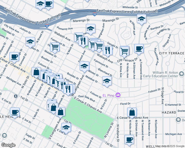 map of restaurants, bars, coffee shops, grocery stores, and more near 3031 Winter Street in Los Angeles