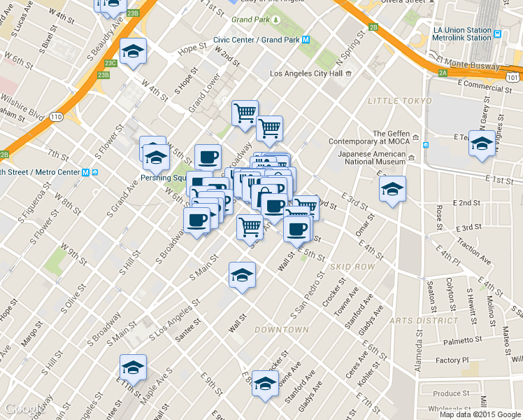 map of restaurants, bars, coffee shops, grocery stores, and more near 439 South Los Angeles Street in Los Angeles