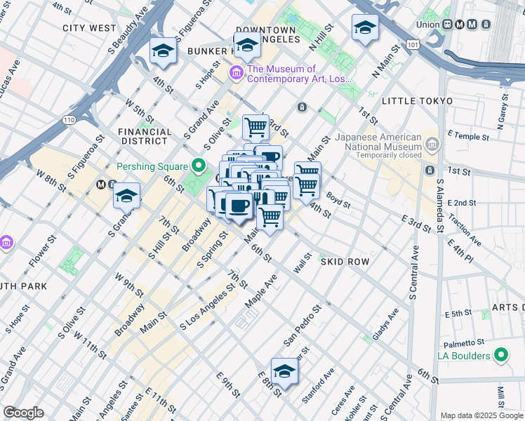map of restaurants, bars, coffee shops, grocery stores, and more near 546 South Spring Street in Los Angeles
