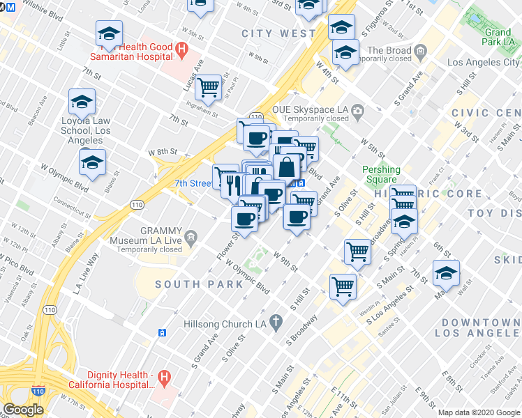 map of restaurants, bars, coffee shops, grocery stores, and more near 800 Flower Street in Los Angeles