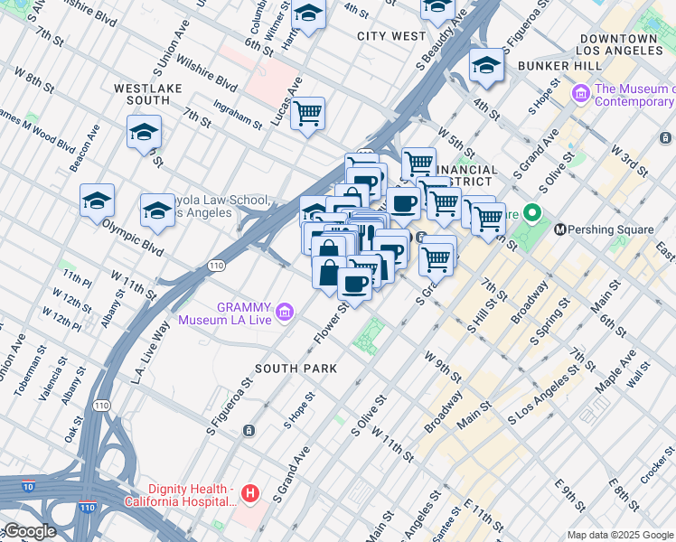 map of restaurants, bars, coffee shops, grocery stores, and more near 844 South Figueroa Street in Los Angeles