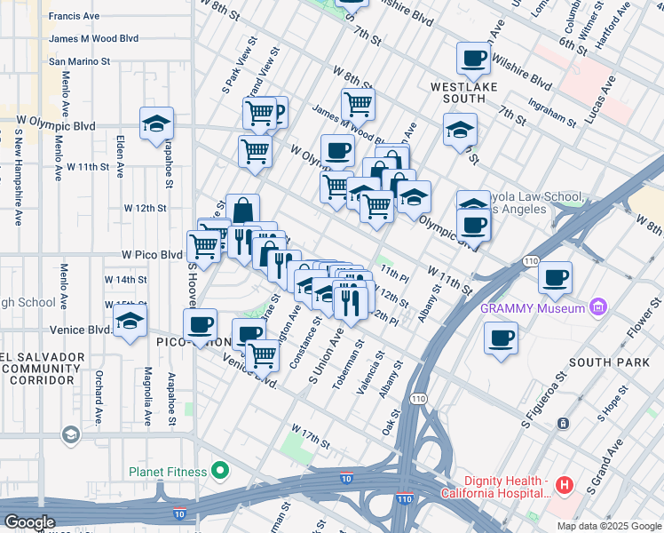 map of restaurants, bars, coffee shops, grocery stores, and more near 1664 1/2 West 12th Street in Los Angeles