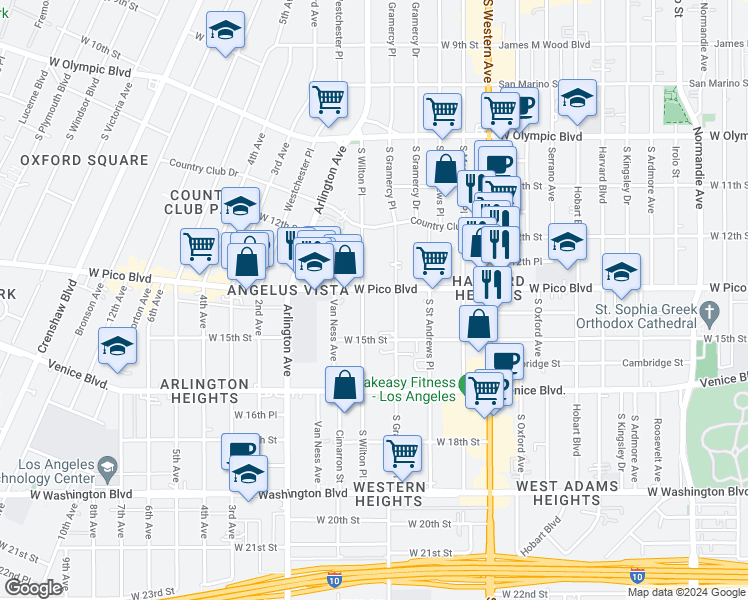 map of restaurants, bars, coffee shops, grocery stores, and more near 3260 West Pico Boulevard in Los Angeles