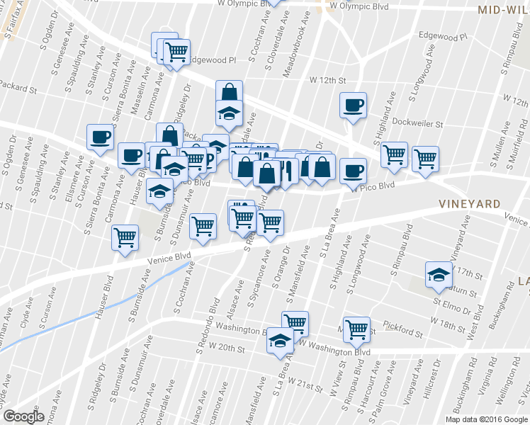 map of restaurants, bars, coffee shops, grocery stores, and more near 1435 South Redondo Boulevard in Los Angeles