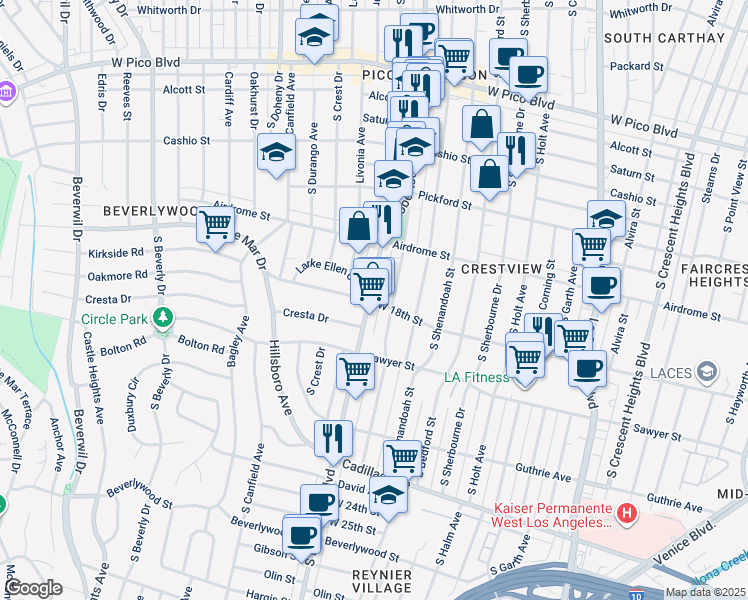 map of restaurants, bars, coffee shops, grocery stores, and more near 1792 South Robertson Boulevard in Los Angeles