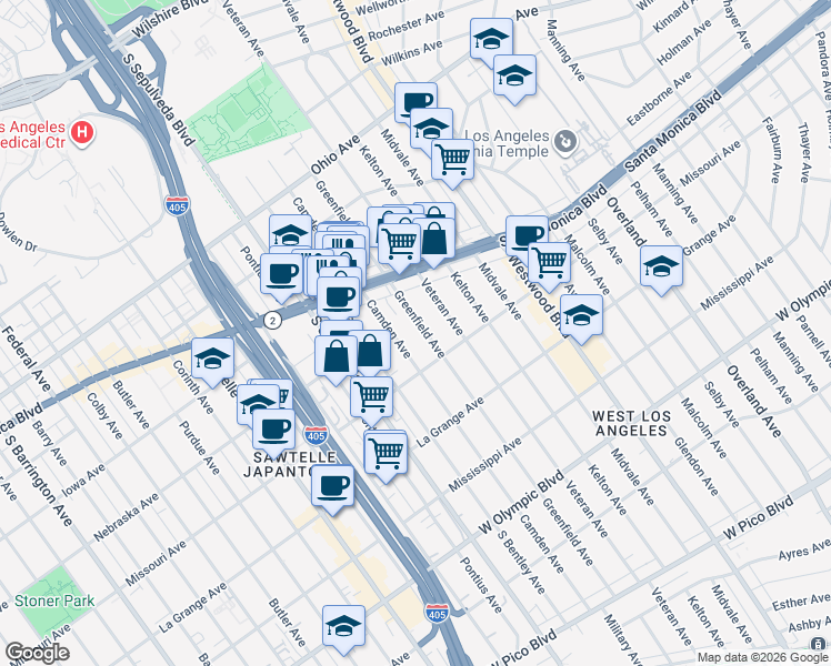 map of restaurants, bars, coffee shops, grocery stores, and more near 1865 Greenfield Avenue in Los Angeles
