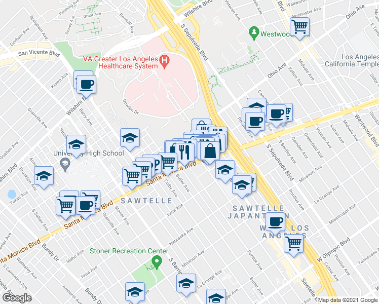 map of restaurants, bars, coffee shops, grocery stores, and more near 1527 Corinth Avenue in Los Angeles