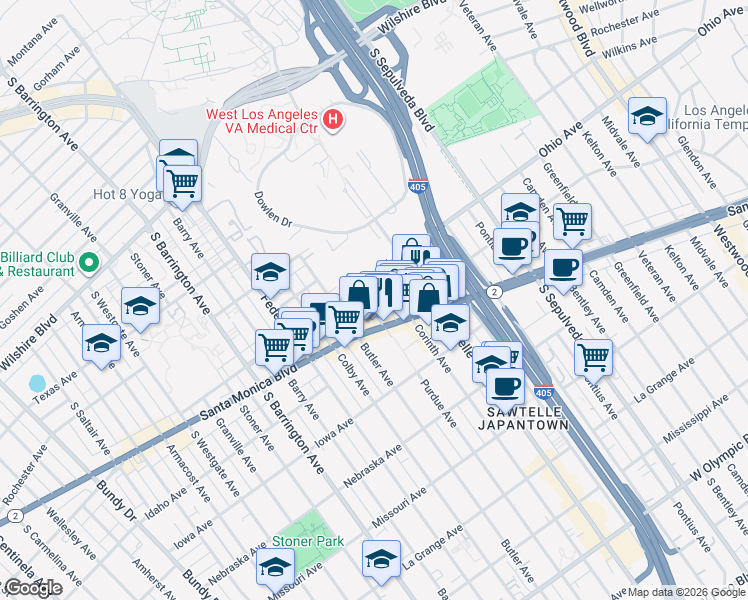 map of restaurants, bars, coffee shops, grocery stores, and more near 1527 Corinth Avenue in Los Angeles