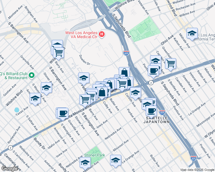 map of restaurants, bars, coffee shops, grocery stores, and more near 1505 Purdue Avenue in Los Angeles