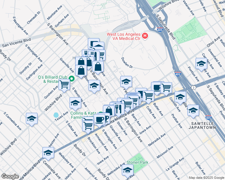 map of restaurants, bars, coffee shops, grocery stores, and more near 1323 Barry Avenue in Los Angeles