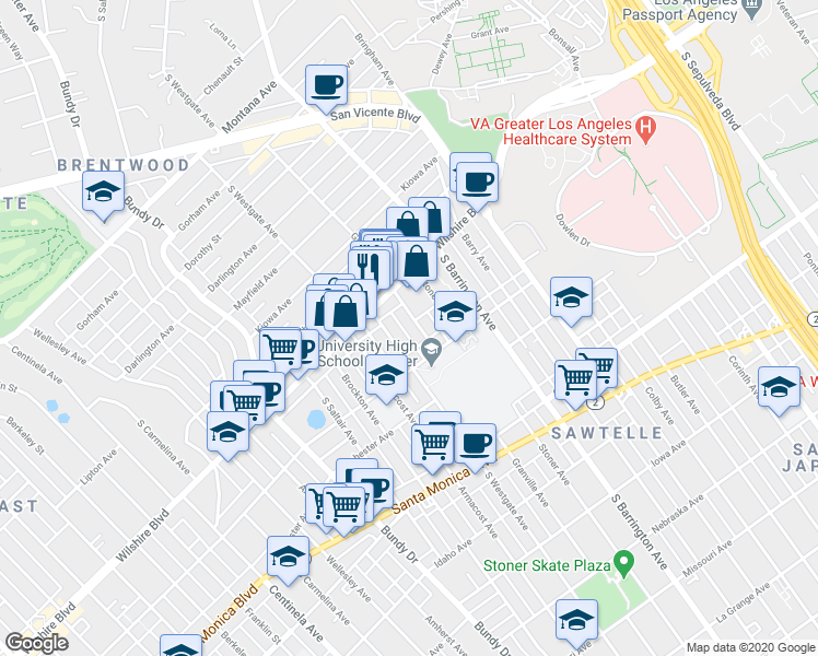 map of restaurants, bars, coffee shops, grocery stores, and more near 1222 South Westgate Avenue in Los Angeles