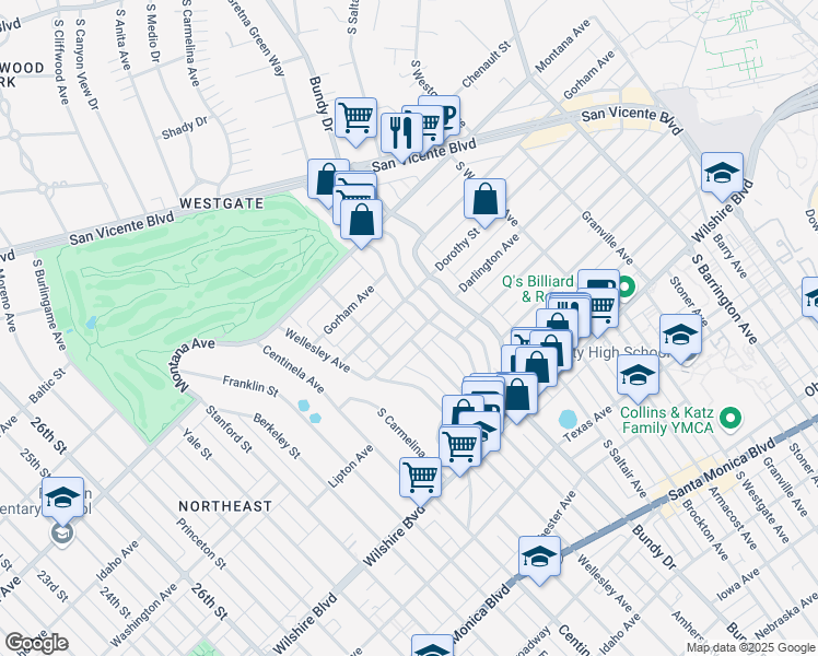 map of restaurants, bars, coffee shops, grocery stores, and more near 929 South Gretna Green Way in Los Angeles
