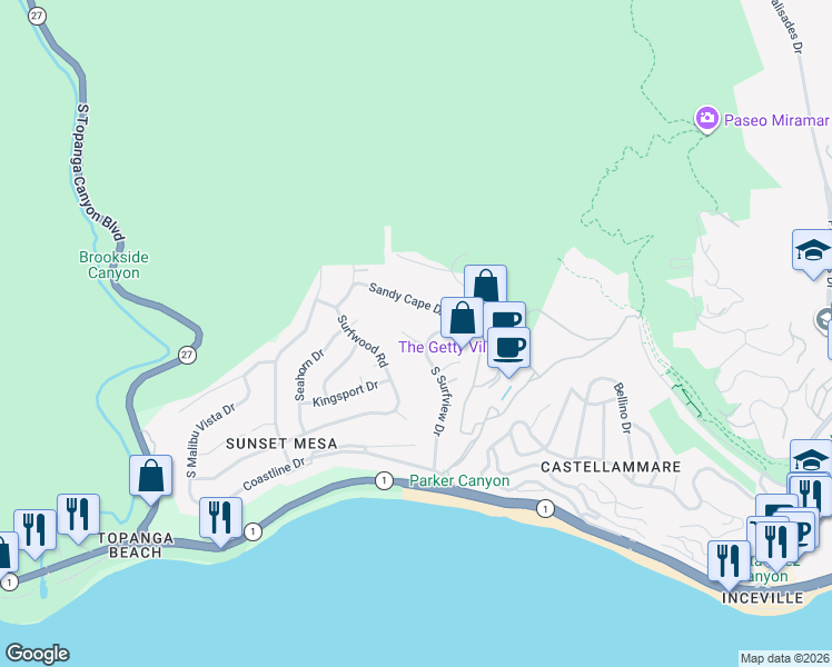 map of restaurants, bars, coffee shops, grocery stores, and more near 18021 Sea Reef Drive in Los Angeles