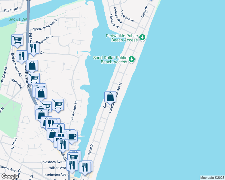 map of restaurants, bars, coffee shops, grocery stores, and more near 1010 Canal Drive in Carolina Beach