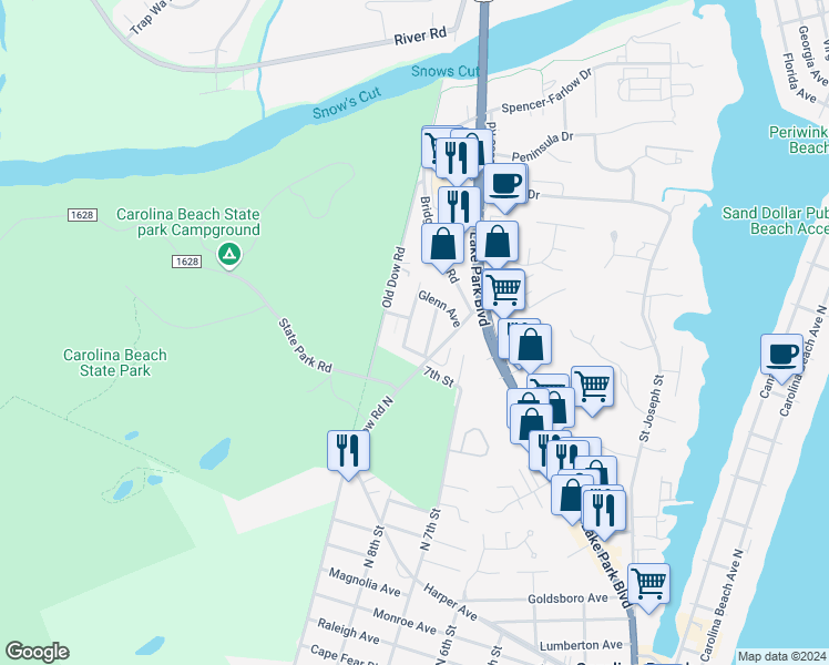 map of restaurants, bars, coffee shops, grocery stores, and more near 810 Blanche Avenue in Carolina Beach