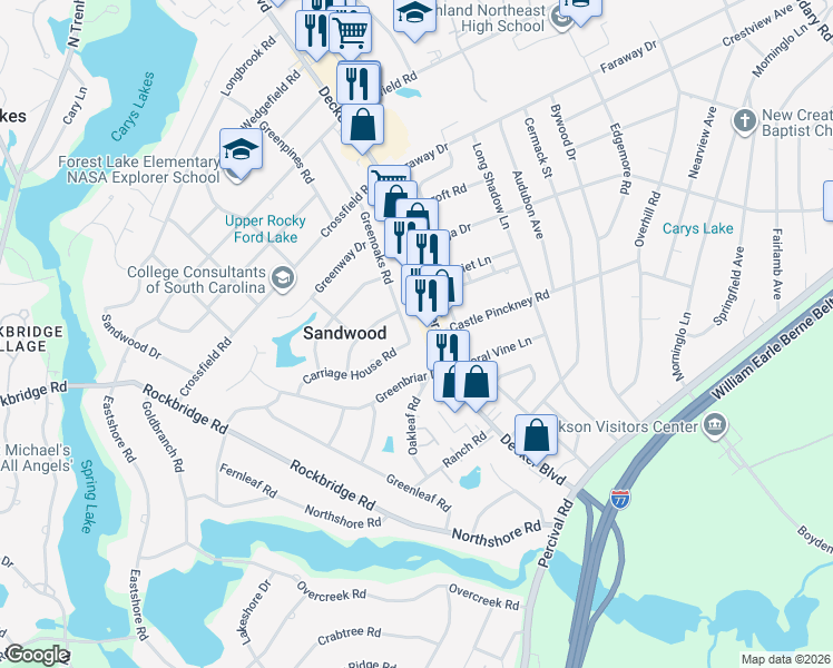 map of restaurants, bars, coffee shops, grocery stores, and more near 1905 Greenoaks Road in Columbia