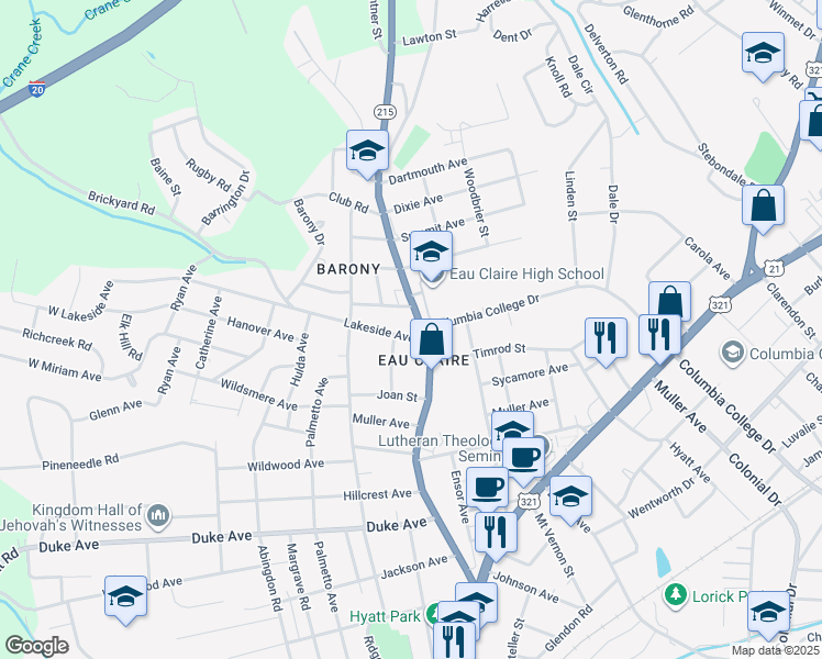 map of restaurants, bars, coffee shops, grocery stores, and more near 4703 Monticello Road in Columbia