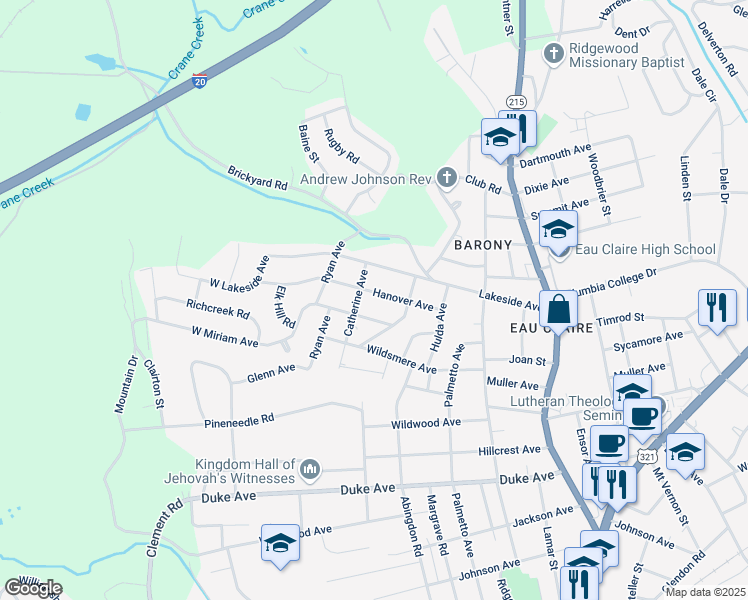 map of restaurants, bars, coffee shops, grocery stores, and more near 4516 Catherine Avenue in Columbia