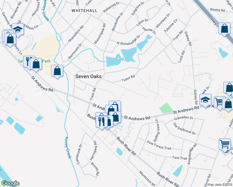 map of restaurants, bars, coffee shops, grocery stores, and more near 249 Sandhurst Road in Columbia