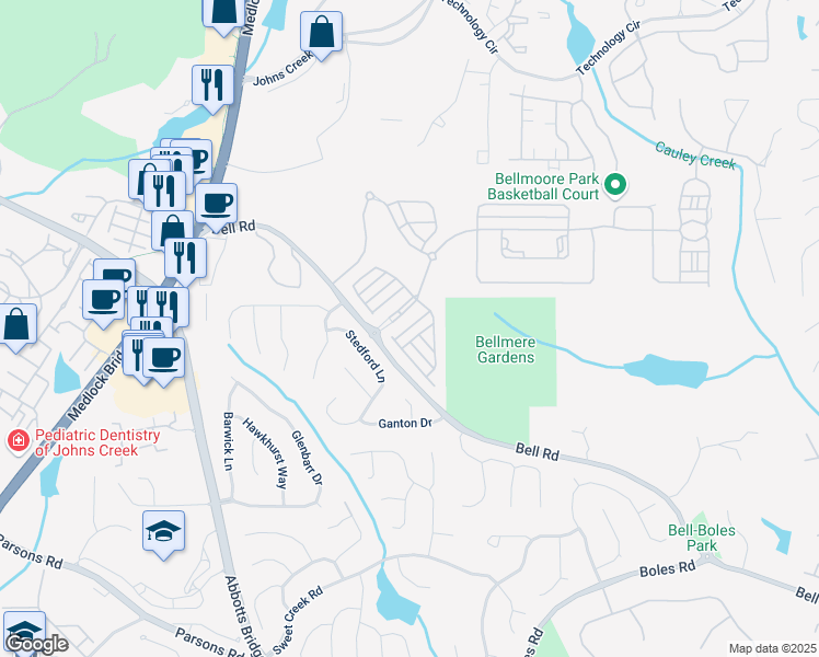map of restaurants, bars, coffee shops, grocery stores, and more near 5011 Bellmoore Park Ln in Johns Creek
